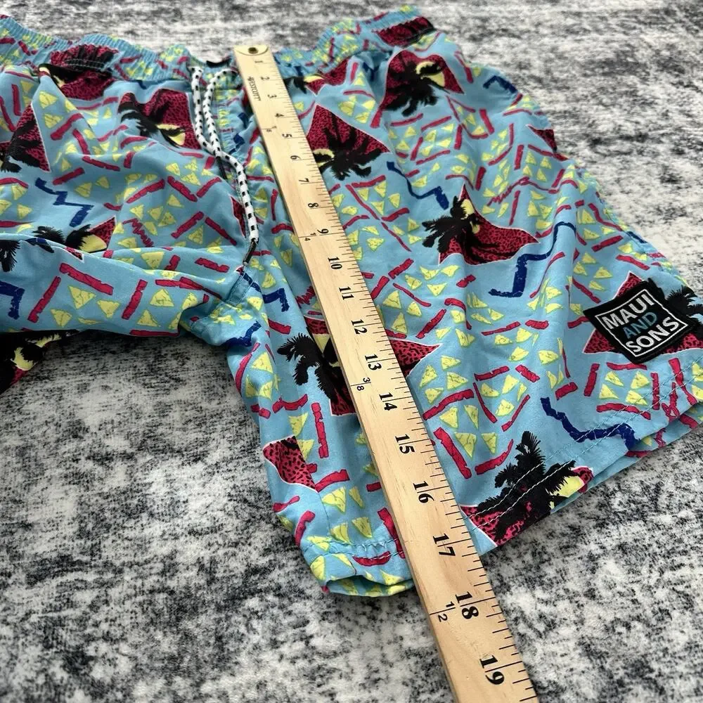 Maui and Sons‎ Mens Swim Trunks Shorts Palm Tree Print 80s Retro Size Large Blue